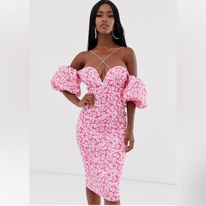 NEW ASOS DESIGN bardot bubble sleeve strappy floral
midi dress size 0